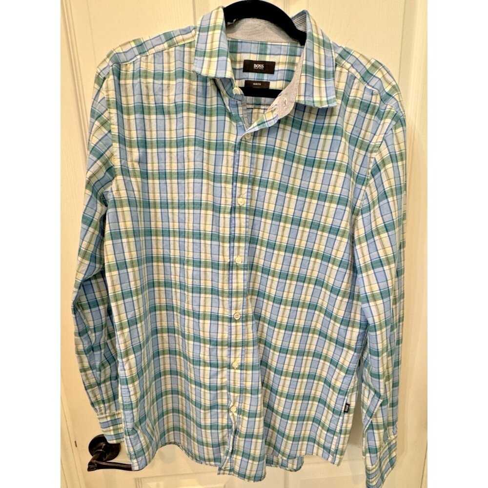BOSS Slim Fit Plaid Shirt Men XL Long Sleeve Cotton READ!